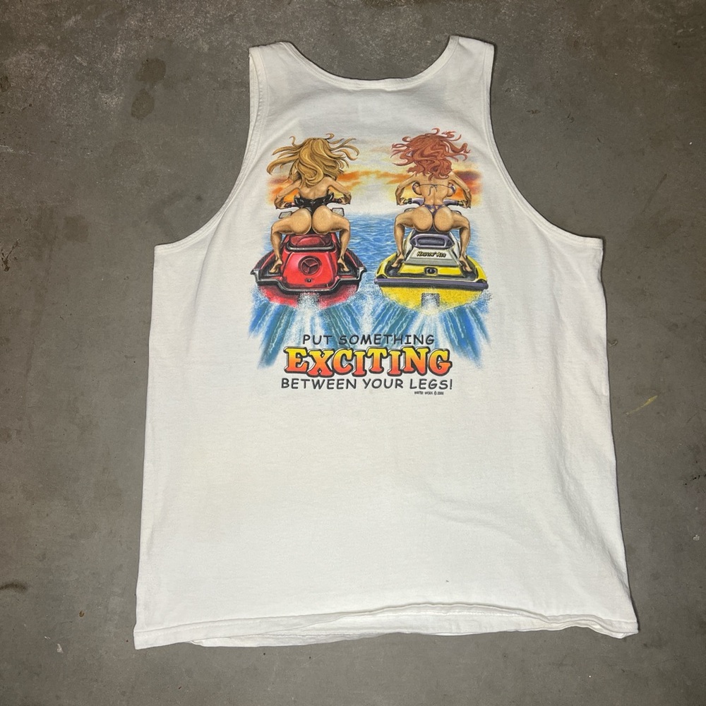 Vintage 2000 Water Work Put Something Exciting Between Your Legs white tank top